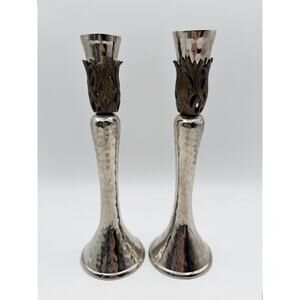 Hammered Metal Silver & Brass Candlestick Candle Holders 9” Pair Heavy Brutalist